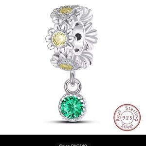 Dazzling Silver Floral Bracelet Charm with Green and Yellow Gems